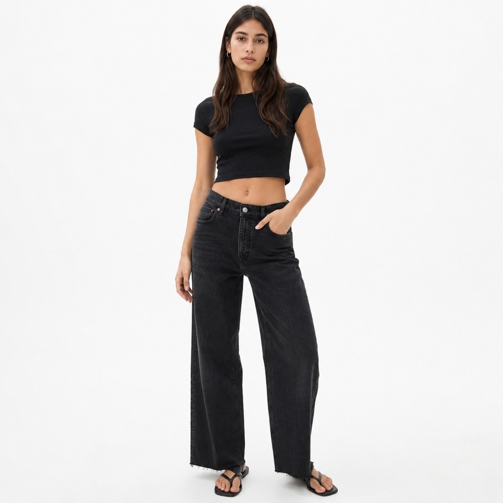 H&M High Waist Wide Leg Jeans Women Size 6 Faded Black Raw Hem Streetwear